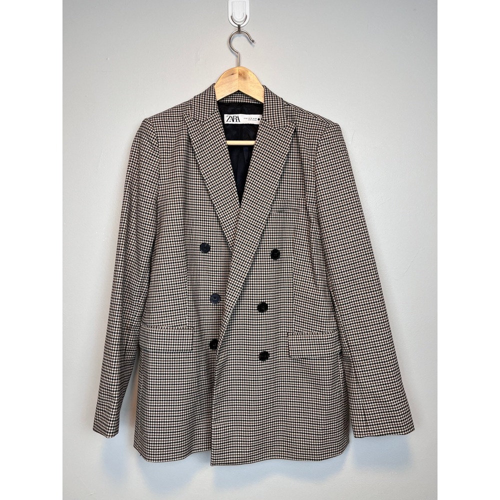 Zara Brown Houndstooth Double Breasted Blazer Jacket M Checkered Plaid Boyfriend